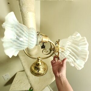 RARE lampholder side mount 2 lights ruffled opalescent spiral blown glass shades